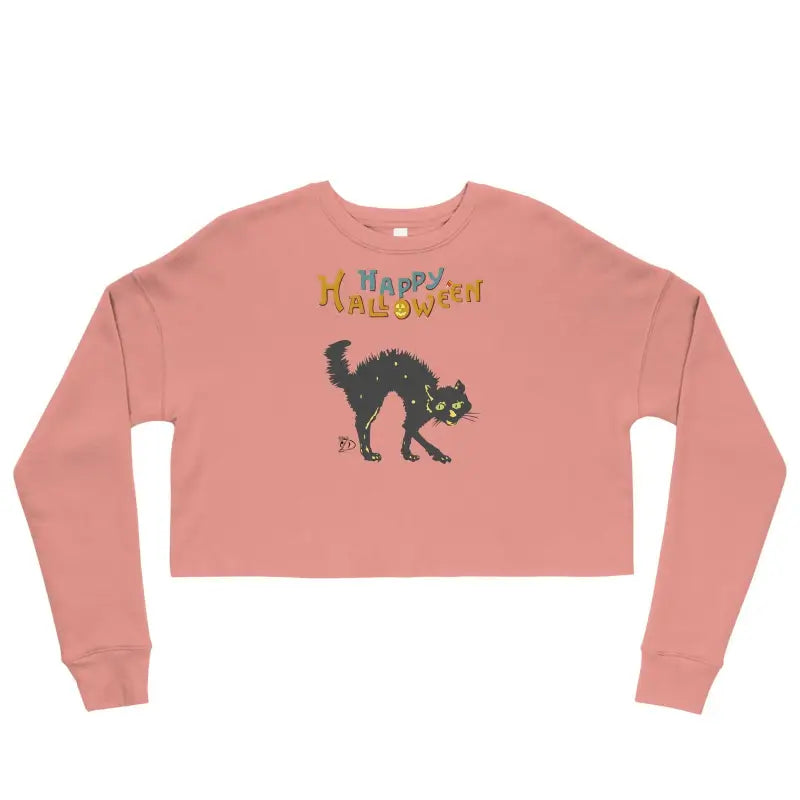 Pink cropped sweatshirt with black cat and Happy Halloween design for Scary Cat Halloween