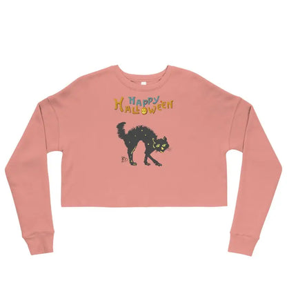 Pink crop sweatshirt featuring a scary cat and Happy Halloween design in Enchanting Mint Green