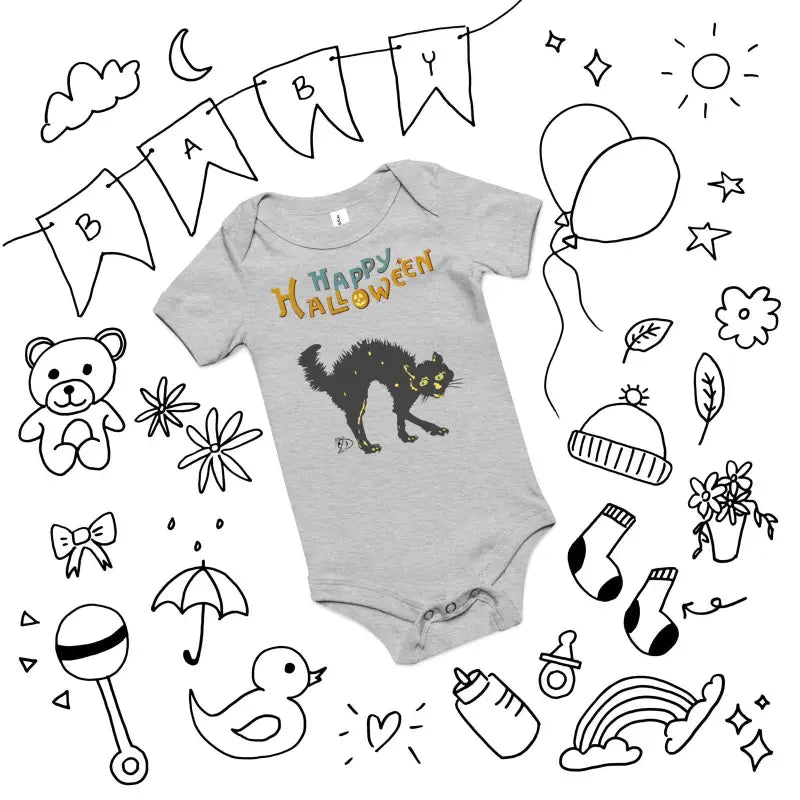 Gray baby onesie with scary cat design and Happy Halloween text for festive celebrations