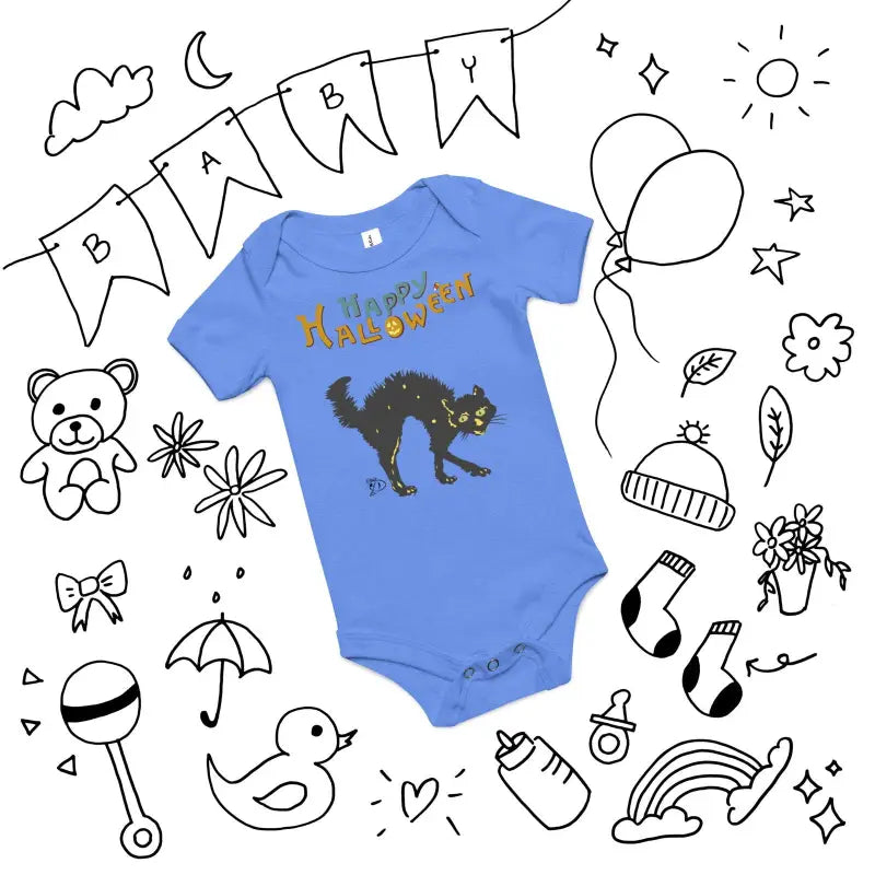 Blue baby onesie with scary cat design and Halloween text for festive occasions