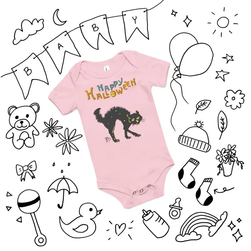 Pink baby onesie with a black cat and Happy Halloween text for Scary Cat Halloween