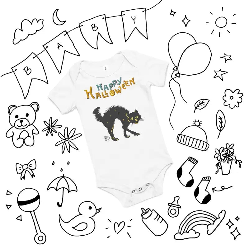 White baby onesie with a black cat and Happy Halloween design for Scary Cat Halloween