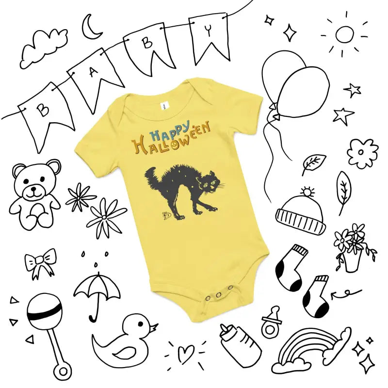 Yellow baby onesie with scary cat design and Happy Halloween text for festive celebrations