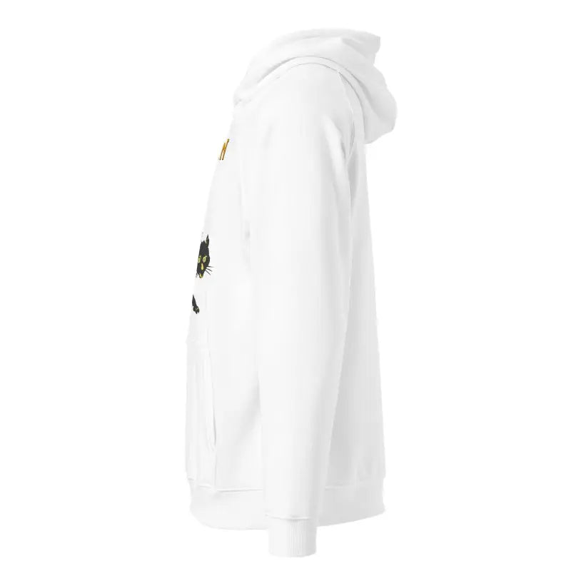 White hooded sweatshirt with side graphics featuring Scary Cat Halloween design