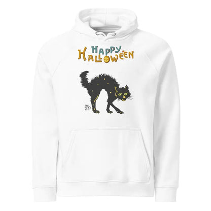 White pullover hoodie featuring a scary cat design and Happy Halloween text for stylish comfort