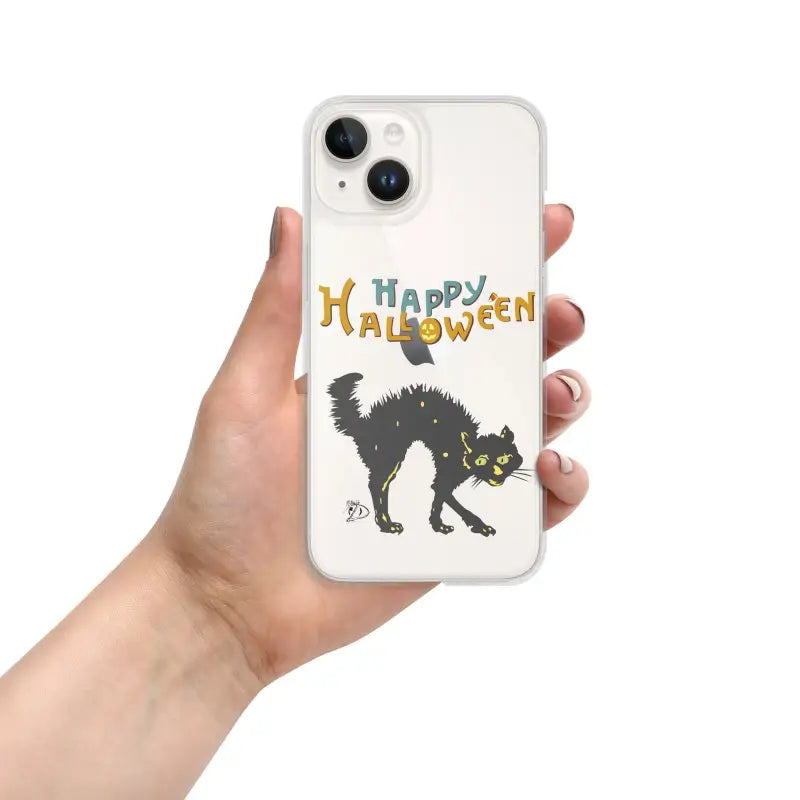 White iPhone mobile case with spooky black cat and Happy Halloween design, Scary Cat Halloween