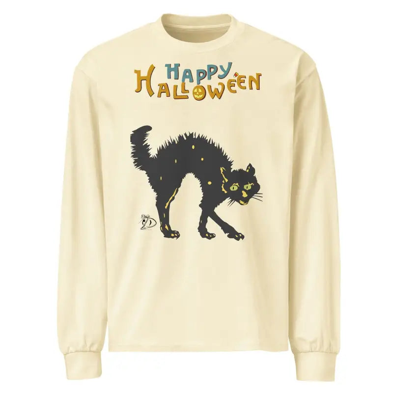 Cream-colored long sleeve sweatshirt featuring a scary cat design and Happy Halloween text