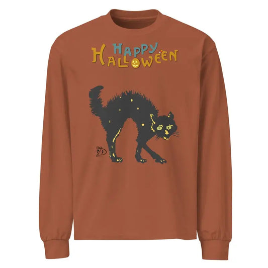 Brown long sleeve sweatshirt with a scary cat Halloween design and vibrant text