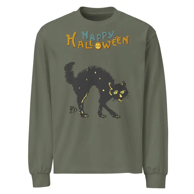 Olive green long sleeve sweatshirt with spooky black cat and Happy Halloween design