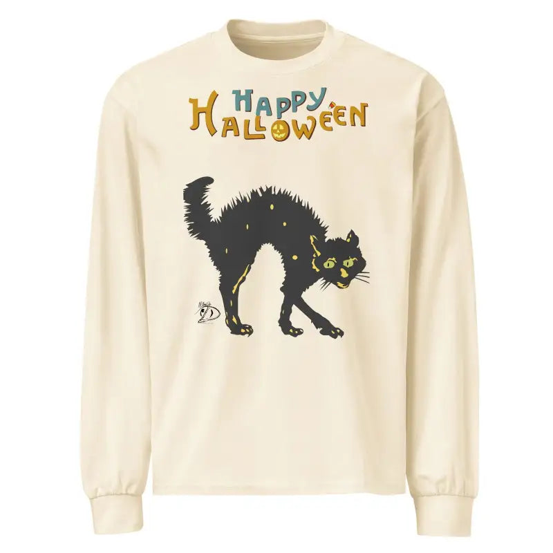 Cream-colored long sleeve sweatshirt with scary cat design and Happy Halloween text