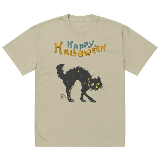 Tan oversized t-shirt featuring a scary cat design and colorful Happy Halloween text