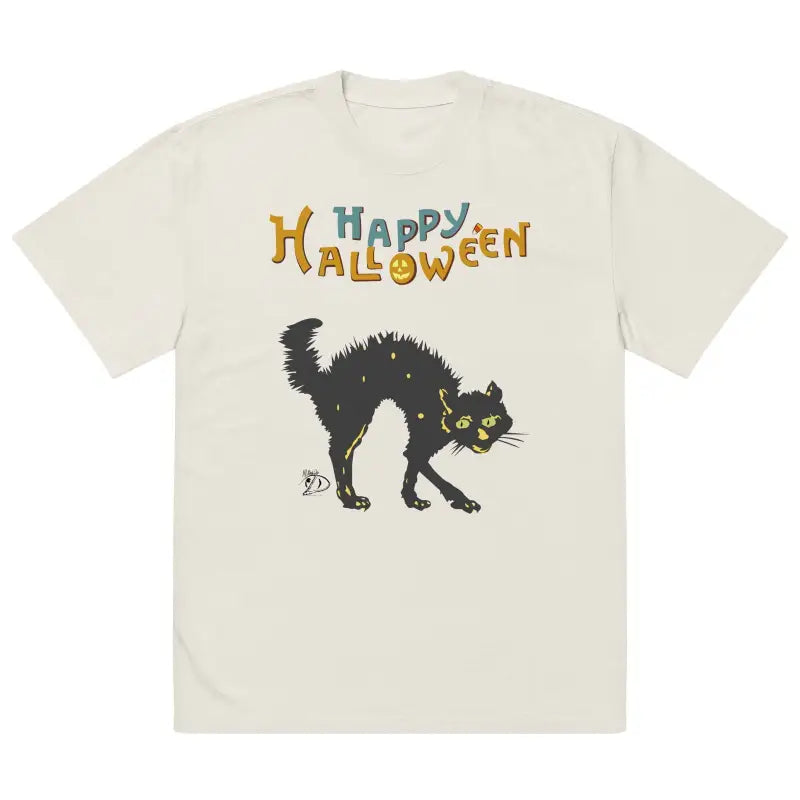 Scary Cat Halloween Oversized T-Shirt in tan with vibrant black cat design