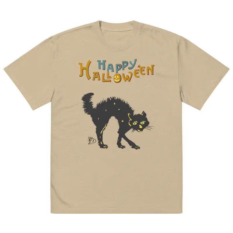 Tan oversized t-shirt featuring a scary cat and vibrant Happy Halloween design