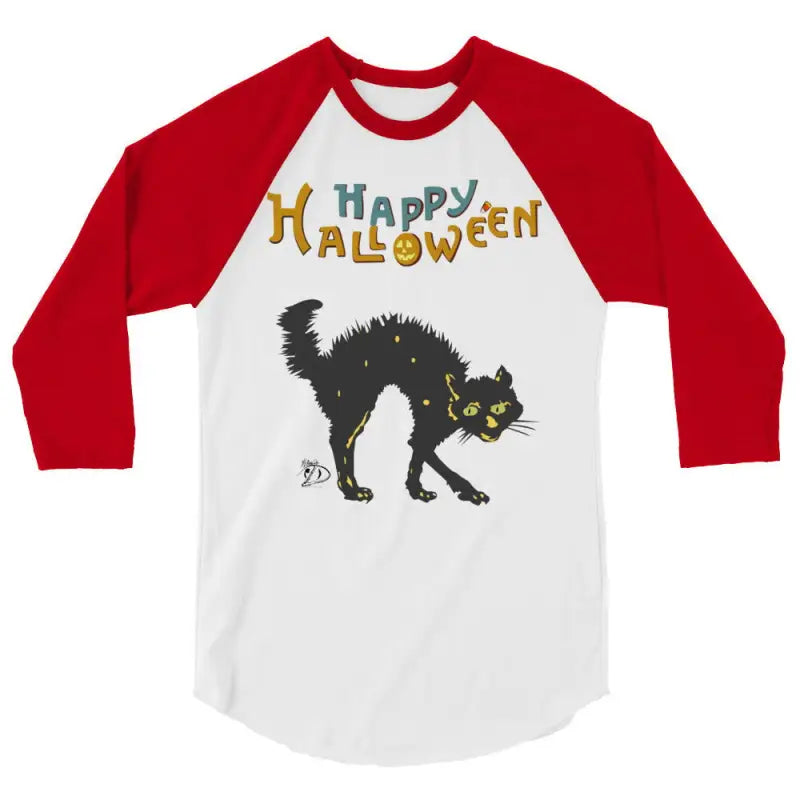 Red and white baseball-style t-shirt featuring a scary cat Halloween design ideal for hauntingly stylish nights