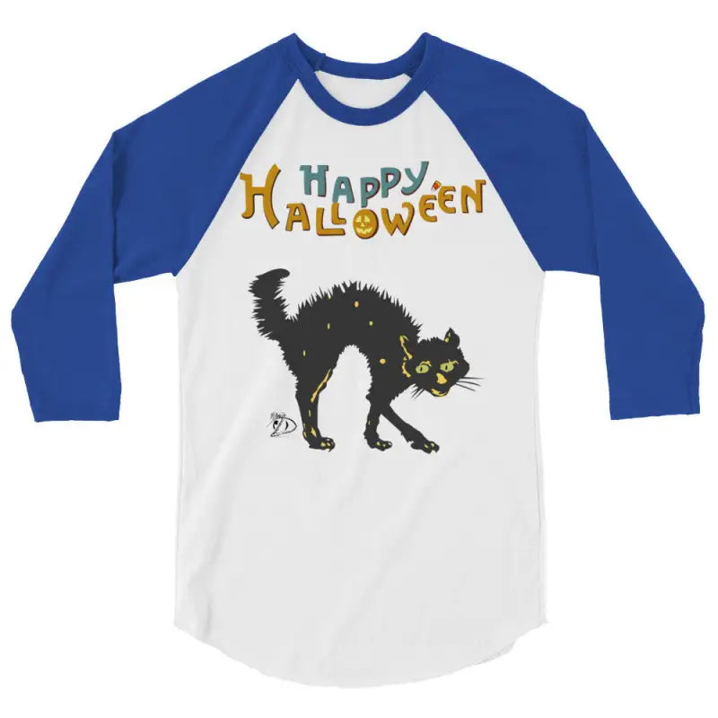 Baseball-style raglan t-shirt with blue sleeves featuring a scary cat Halloween design