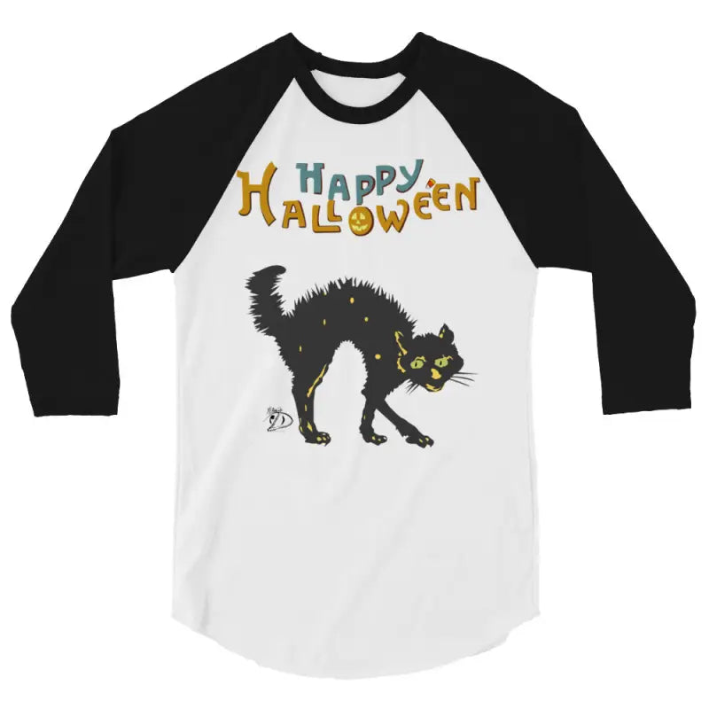 Scary Cat Halloween Raglan Shirt featuring a black cat and Happy Halloween design