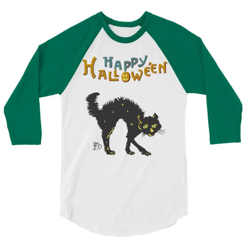 Scary Cat Halloween Raglan Shirt with green sleeves, featuring black cat and Halloween text