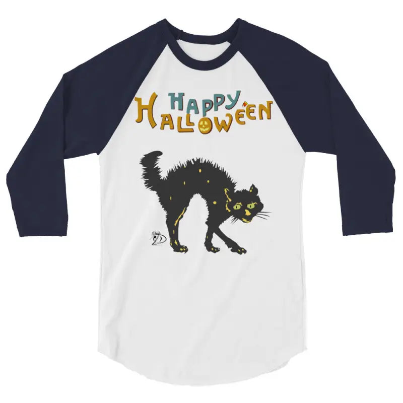 Baseball-style raglan t-shirt featuring a scary cat Halloween design for hauntingly stylish nights