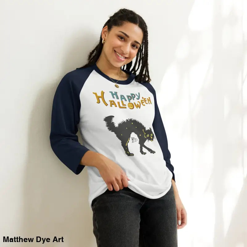 Woman wearing a Scary Cat Halloween Raglan shirt for hauntingly stylish nights