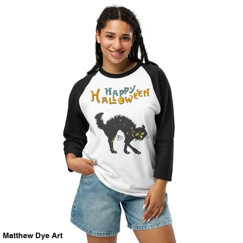 Woman wearing a Scary Cat Halloween raglan shirt for hauntingly stylish nights
