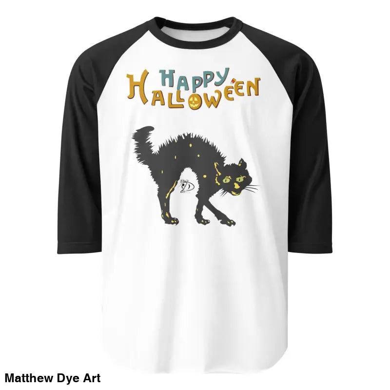 Black and white Scary Cat Halloween Raglan shirt for hauntingly stylish nights