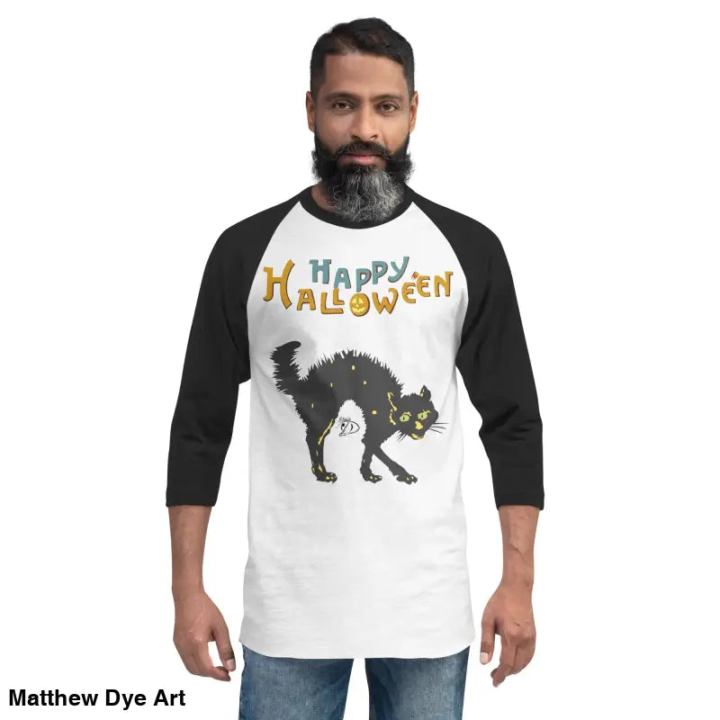 Black and white Halloween-themed baseball tee featuring Scary Cat Halloween design