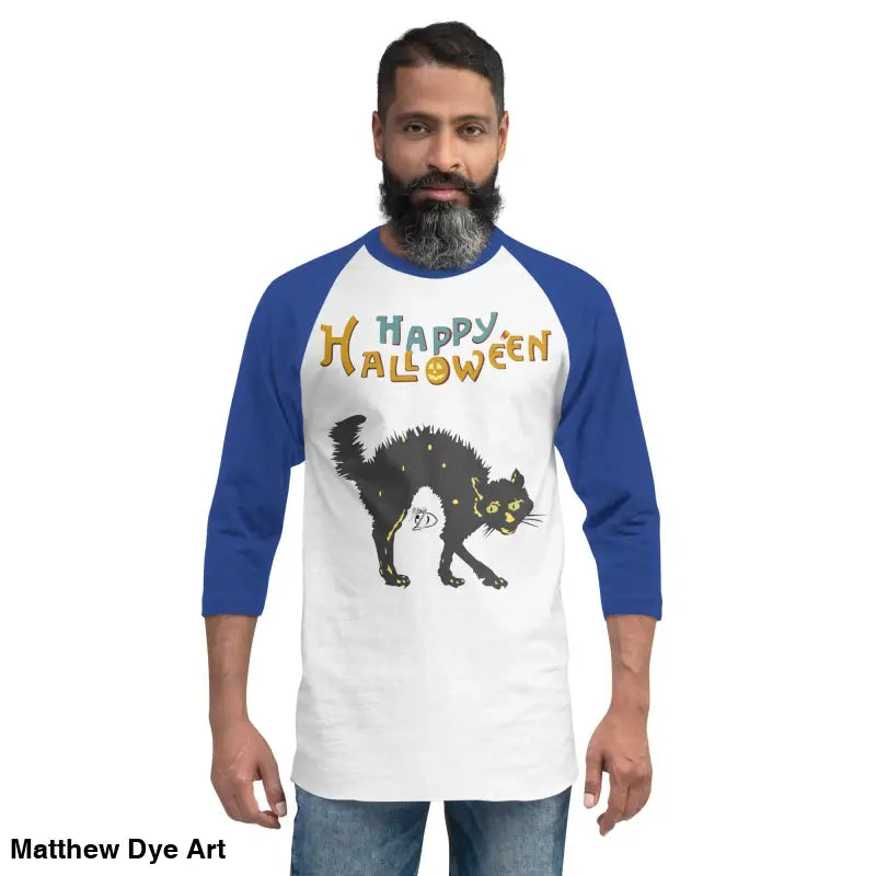 Man wearing a Scary Cat Halloween Raglan shirt for hauntingly stylish nights