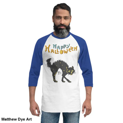 Man wearing a Scary Cat Halloween Raglan shirt for hauntingly stylish nights
