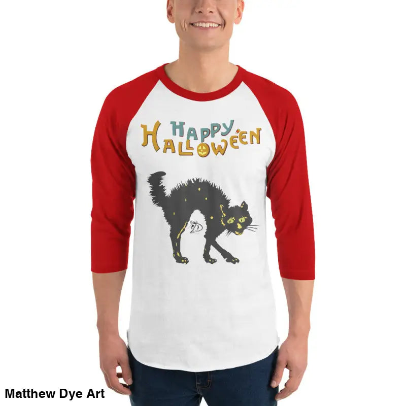 Red-sleeved Halloween shirt featuring a scary cat design for hauntingly stylish nights