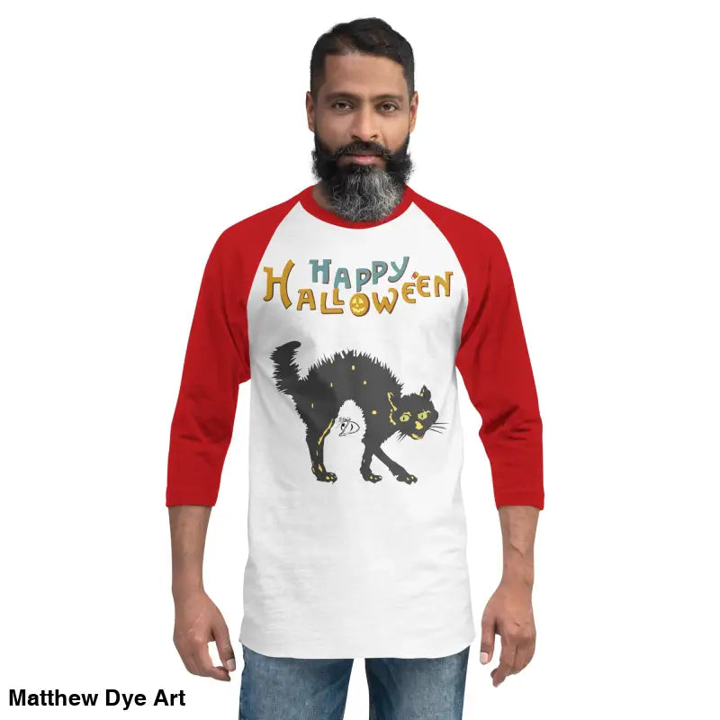 Red and white Scary Cat Halloween Raglan shirt perfect for hauntingly stylish nights