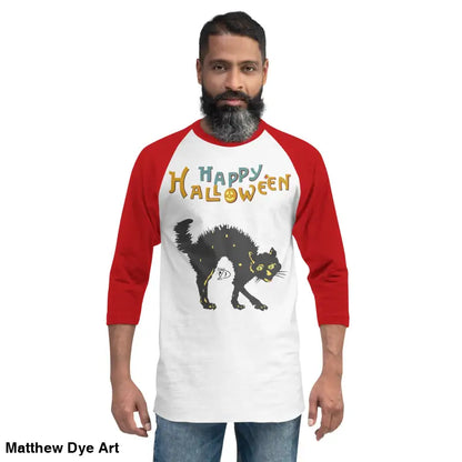 Red and white Scary Cat Halloween Raglan shirt perfect for hauntingly stylish nights