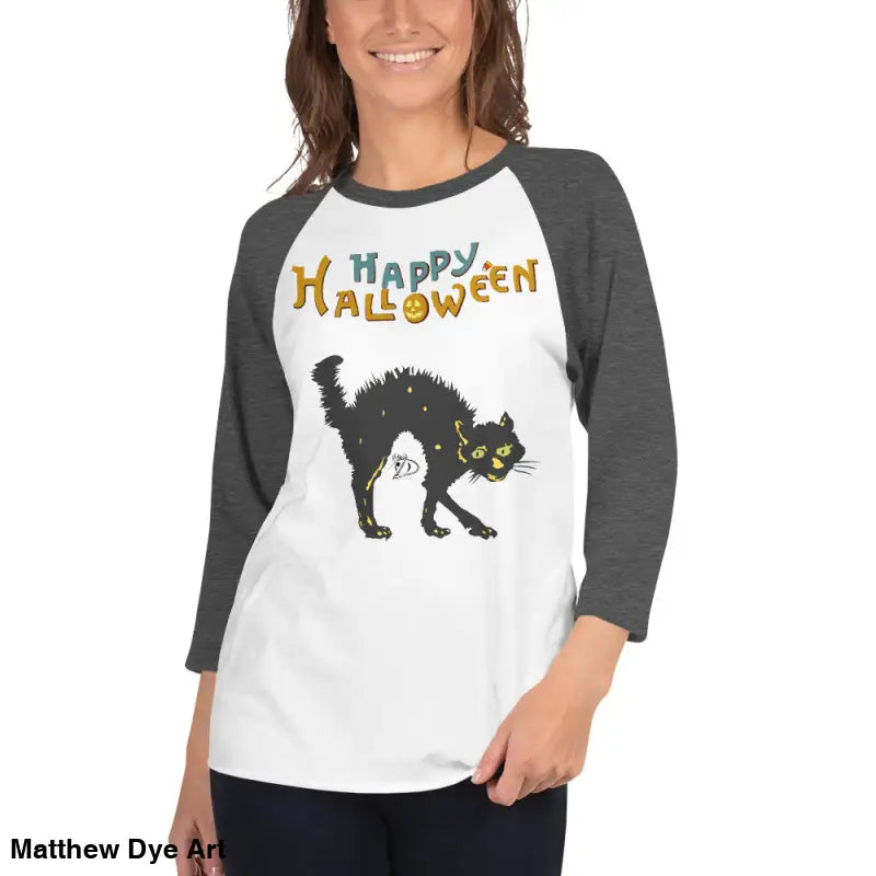 Scary Cat Halloween Raglan showcasing a hauntingly stylish design for festive nights