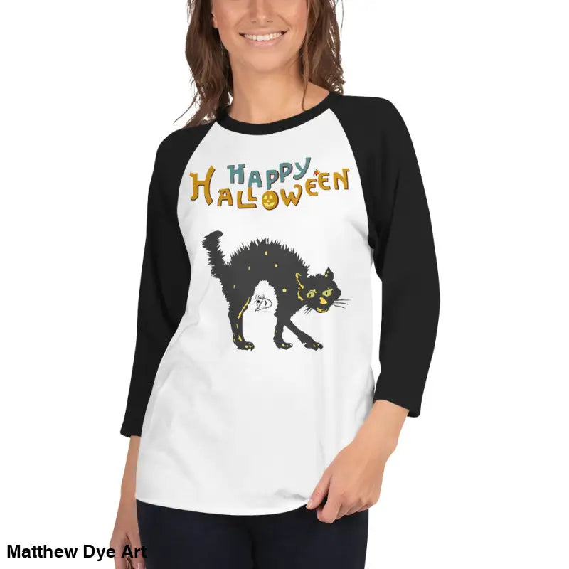 Scary Cat Halloween Raglan shirt for hauntingly stylish nights and festive fun