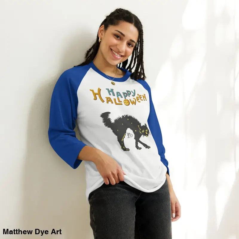 Scary Cat Halloween Raglan shirt for hauntingly stylish nights in vintage art design
