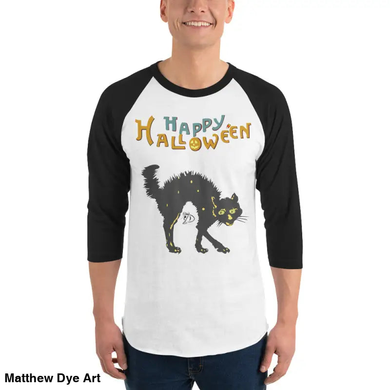 Scary Cat Halloween Raglan shirt for hauntingly stylish nights and Halloween celebrations