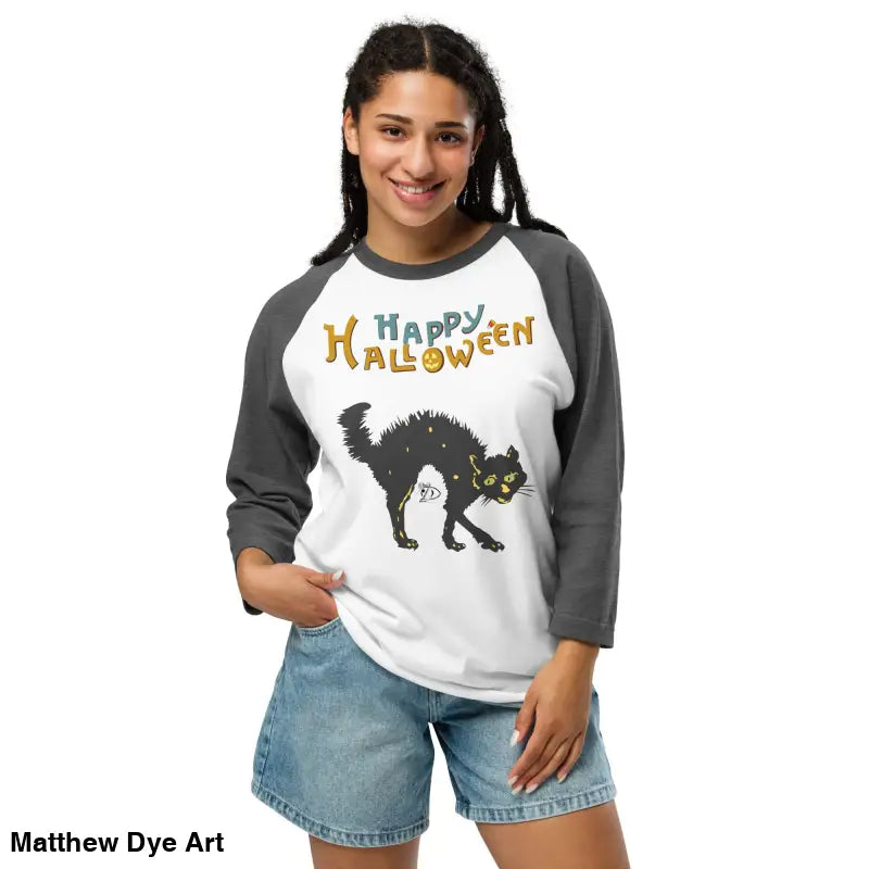 Scary Cat Halloween Raglan showcasing a hauntingly stylish design for festive nights