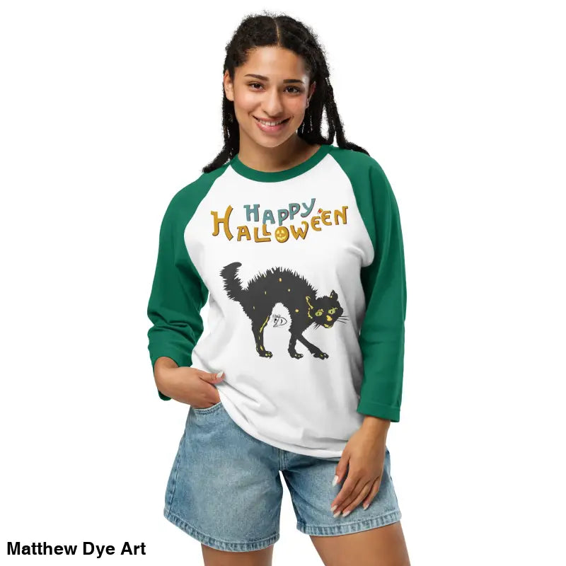 Scary Cat Halloween Raglan shirt for hauntingly stylish nights and festive occasions