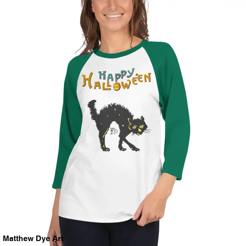 Scary Cat Halloween Raglan showcasing vintage art for hauntingly stylish nights