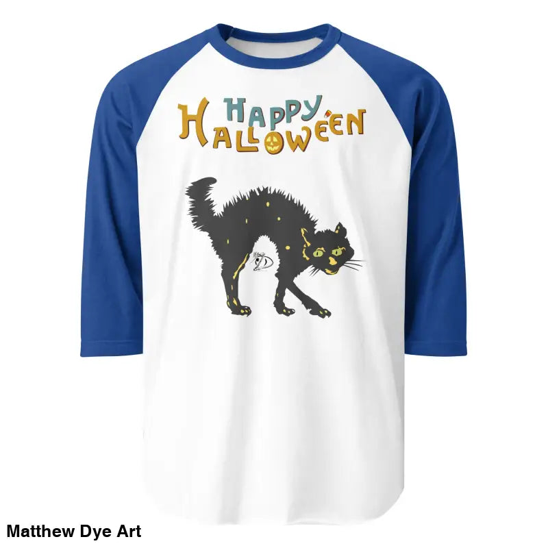 White and blue Halloween-themed baseball tee featuring a scary cat design for festive occasions