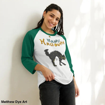 Woman in a Scary Cat Halloween Raglan, perfect for hauntingly stylish nights