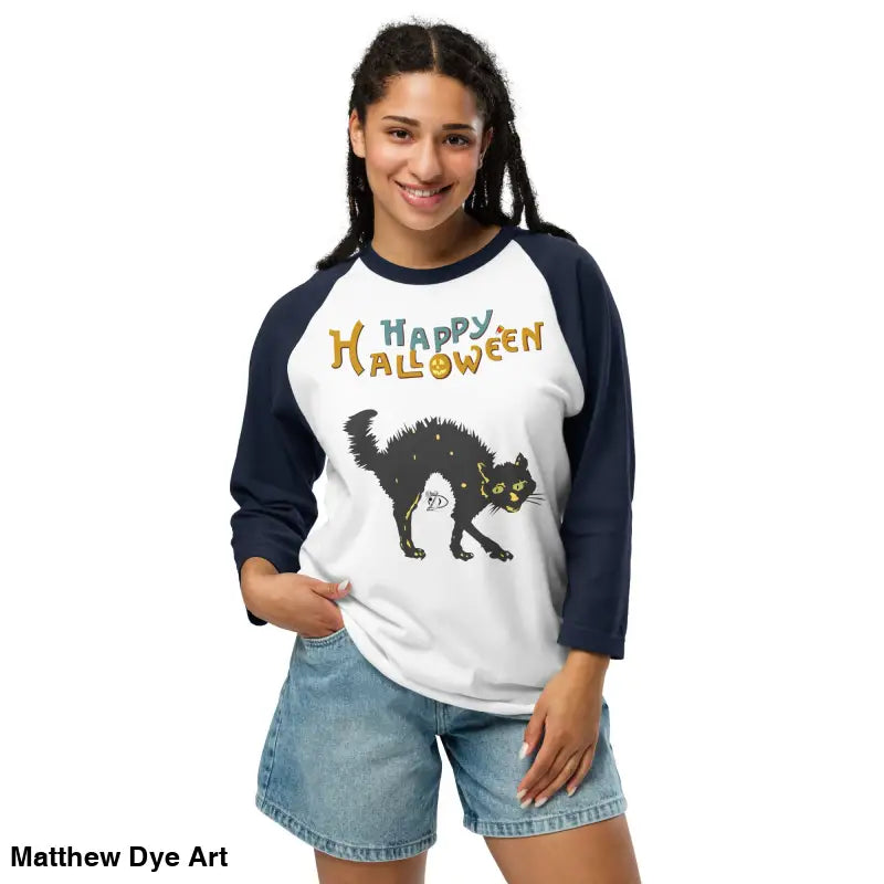Woman in a Scary Cat Halloween Raglan, perfect for hauntingly stylish nights