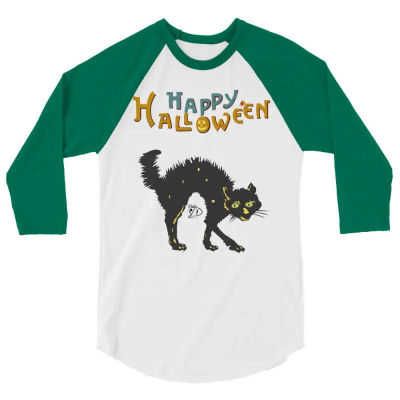 Green and white Halloween raglan shirt featuring Scary Cat Halloween design for hauntingly stylish nights