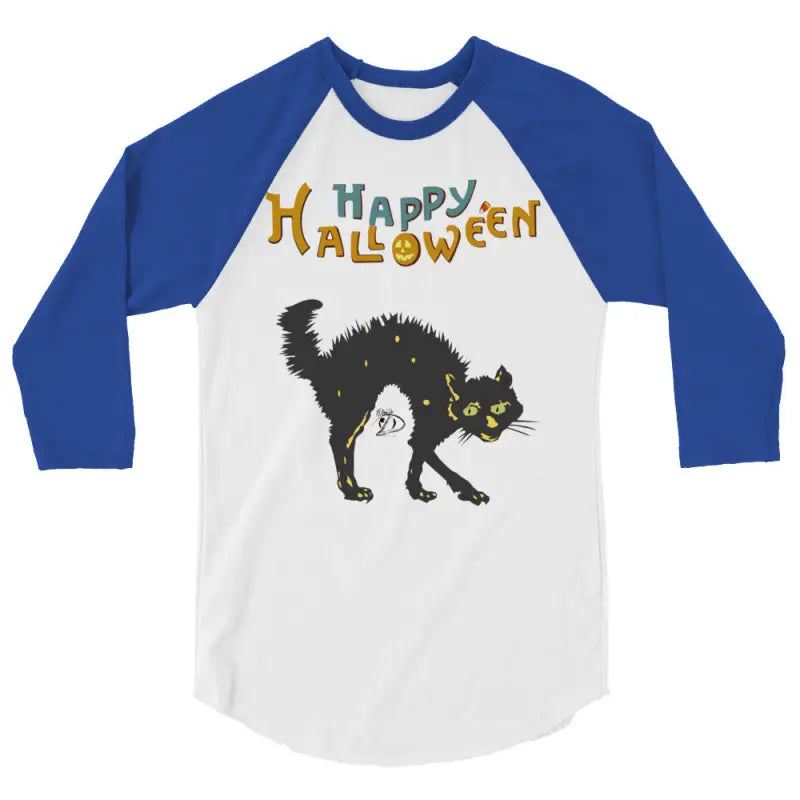 Scary Cat Halloween Raglan showcasing a blue-sleeved vintage cat design for hauntingly stylish nights