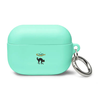 Mint green Halloween rubber case for AirPods featuring a scary cat design and keyring