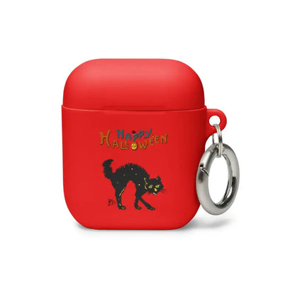 Red AirPods case featuring Scary Cat Halloween design with metal keyring attachment