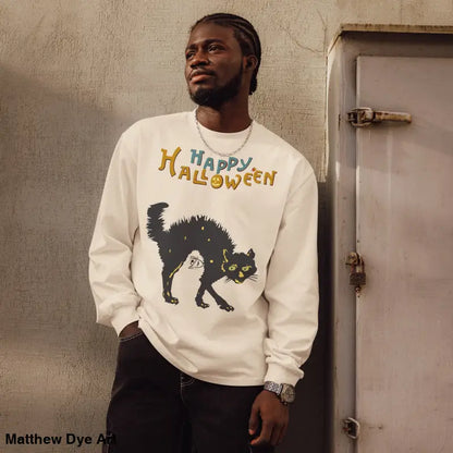 Long-sleeved Halloween cat shirt featuring a scary cat Halloween design, perfect for festive wear