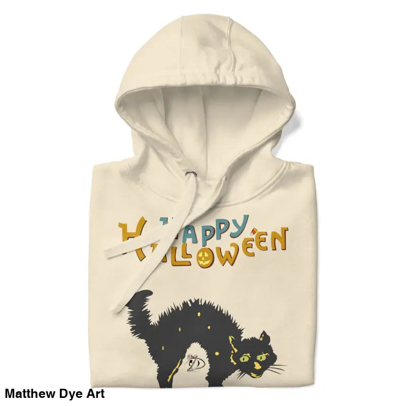 Folded cream-colored vintage style Halloween hoodie featuring a whimsical scary cat graphic
