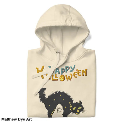 Folded cream-colored vintage style Halloween hoodie featuring a whimsical scary cat graphic