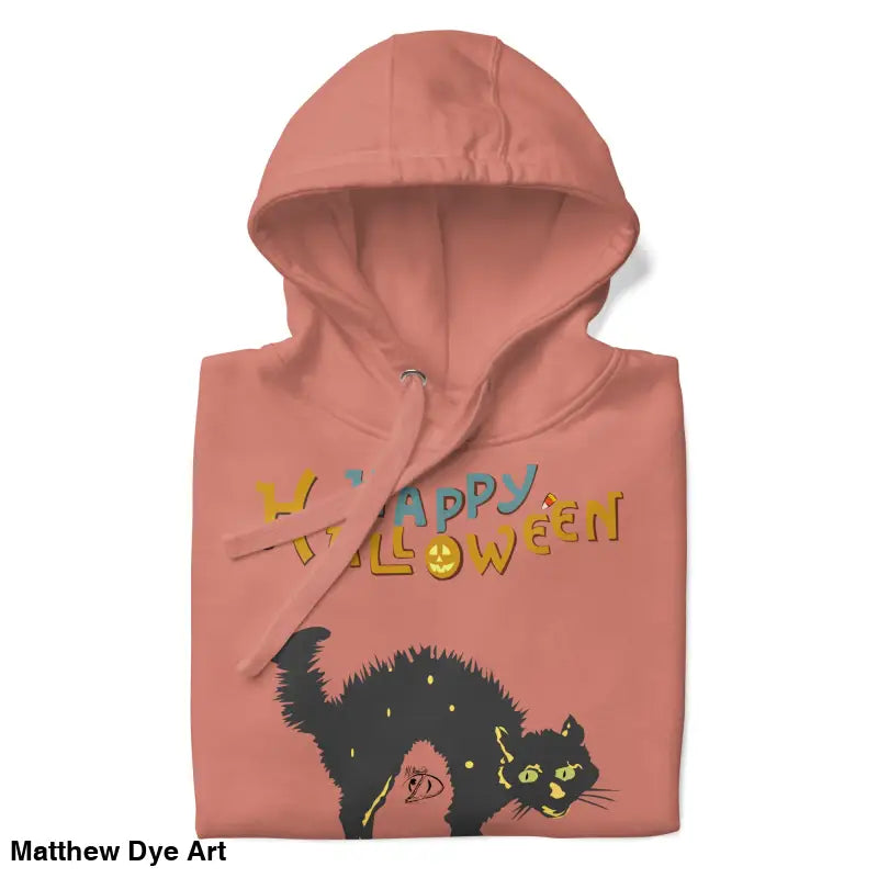 Folded salmon-colored Halloween hoodie featuring whimsical scary cat design