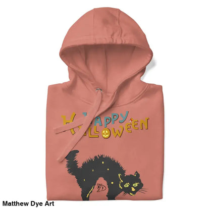 Folded salmon-colored Halloween hoodie featuring whimsical scary cat design